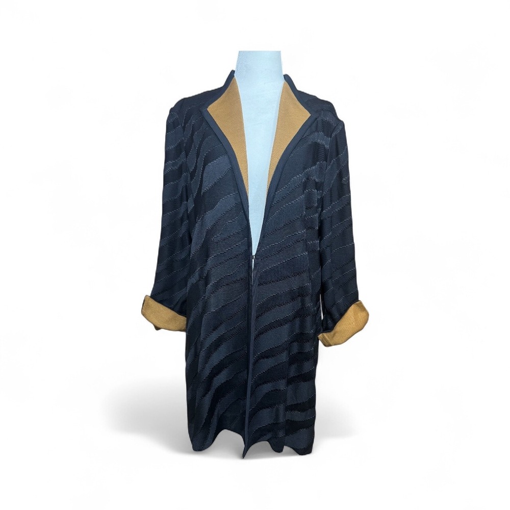 Misook Women's Knit Cardigan Jacket Coat Open Front 3/4 Sleeve Black Beige‎ SZ M